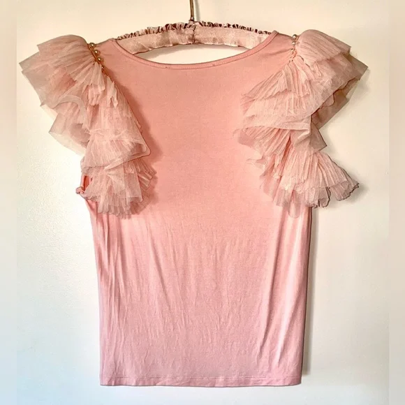 LAST SALE PRICE TOP FROTHY PLEATED LAYERS TULLE SLEEVE ROSE SIZE SMALL STRETCH - Picture 4 of 13